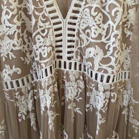 Embroidered Babydoll Maxi Dress Fairy Romantic Sheer Size Large Boho Mesh Lace - Picture 6 of 12